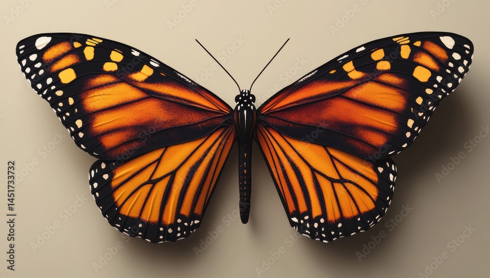 Fototapeta premium Monarch butterfly wings spread, neutral background, nature study, design element
