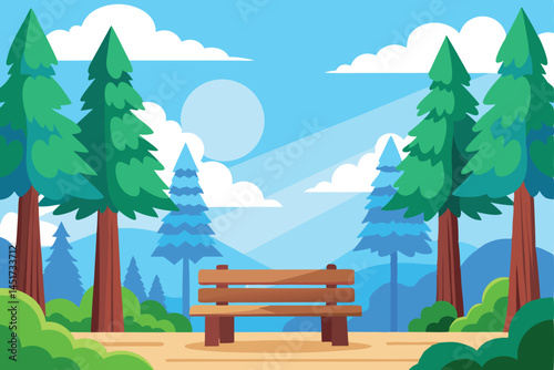 Bench faces picturesque mountain views flanked by evergreen trees and lush shrubs under a bright sky