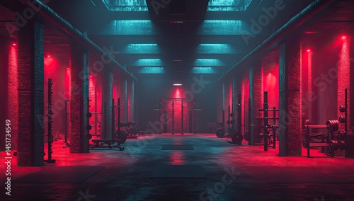 Dark Gym Interior with Red  Blue Lights.