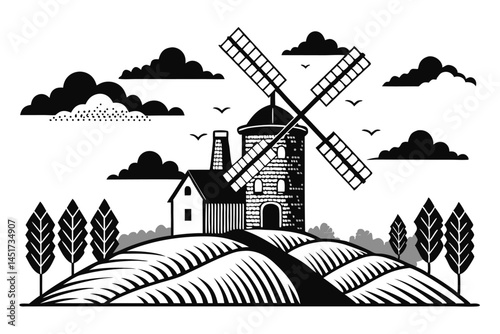 Black and white illustration shows a rural landscape with a windmill and farm building