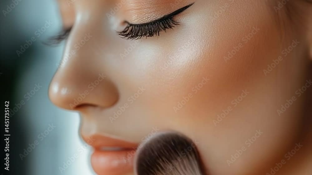 Close-up of a woman's face, receiving makeup application.  A makeup brush is softly applying blush