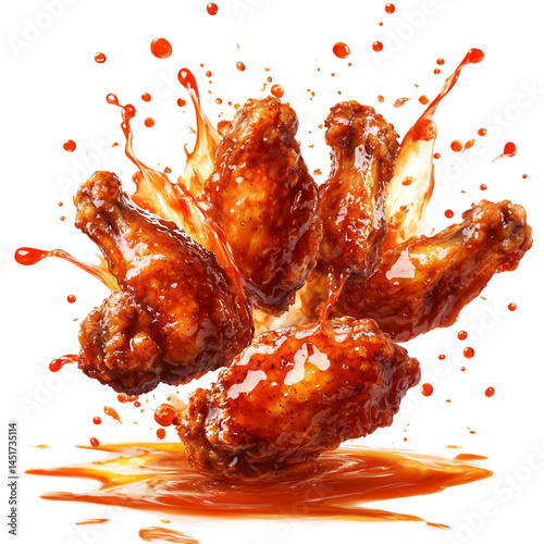 Hot and spicy chicken wings with a splash of hot sauce white and transparent background