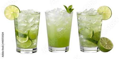 Close-up of a refreshing mojito cocktail with lime, mint, and ice in a glass, isolated on a white background