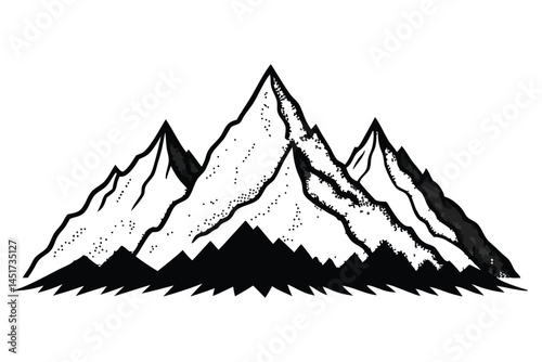 Black and white mountain peaks with snowy texture stand majestically against a transparent background