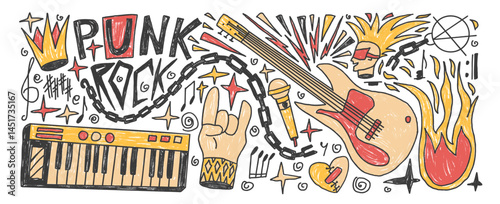 Punk rock music crayon drawn set. Rock n roll festival doodle background. Grunge music concert flyer elements. Guitar, electronic piano horns, crown and sketch graffiti art. Vector illustration.