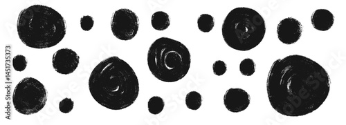 Scribble charcoal circle set. Polka dots aerosol spray shapes pack. Vector black hand drawn round note figures collection illustration isolated on white background.
