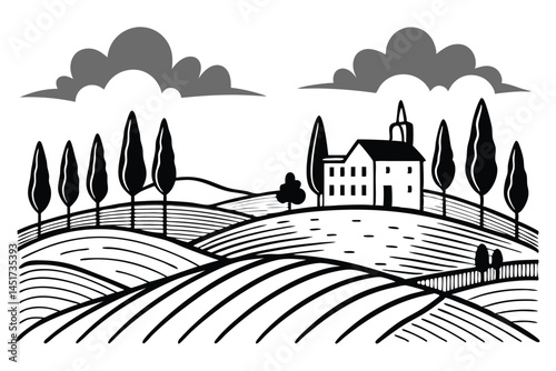 Black and white Tuscany showcases vineyards, cypress trees, a building, and clouds