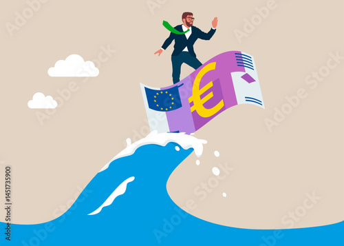Businessman surfing on euro banknote. Business success.  Investment challenges. Career growth, motivation, ambitions, innovation. Modern vector illustration in flat style