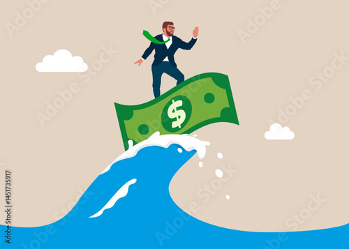 Businessman surfing on dollar banknote. Career growth, motivation, ambitions, innovation. Business success. Investment challenges. Modern vector illustration in flat style
