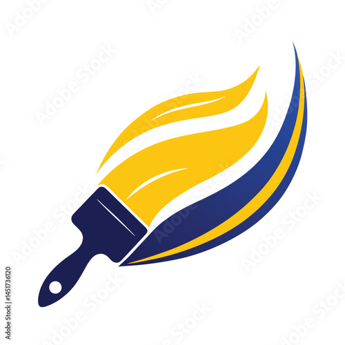 Blue paintbrush spreading yellow paint with blue trim on a white backdrop