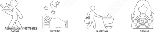 Flat vector line icons representing various human actions, movements, and daily activities.