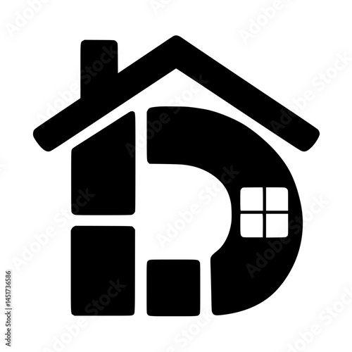 Letter D Shaped House Real Estate Logo, Creative black and white vector logo combining the shape of a house with the letter D, ideal for real estate or home design branding.

