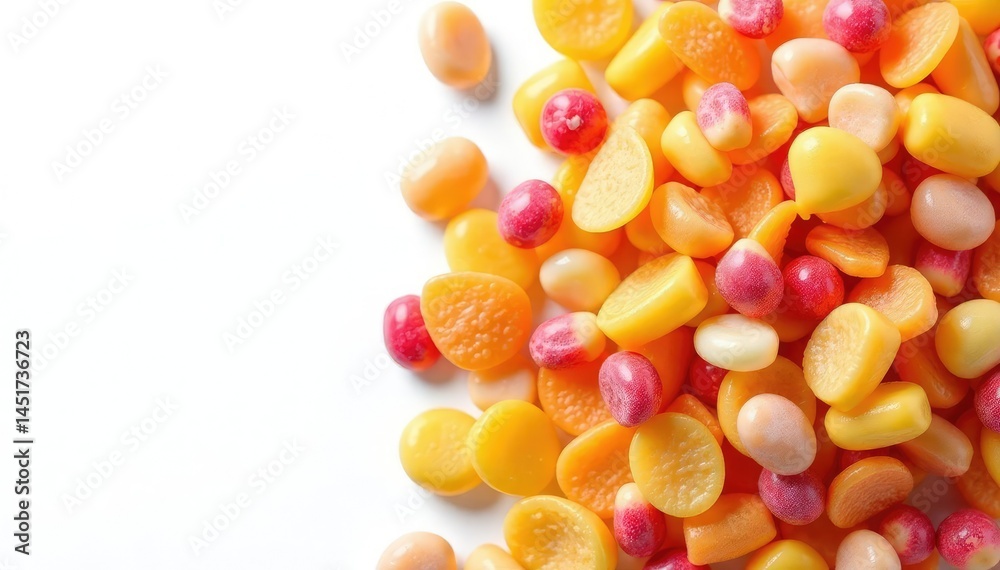 Fototapeta premium Pile of colorful candy, chips, and soda on white , chips, colorful