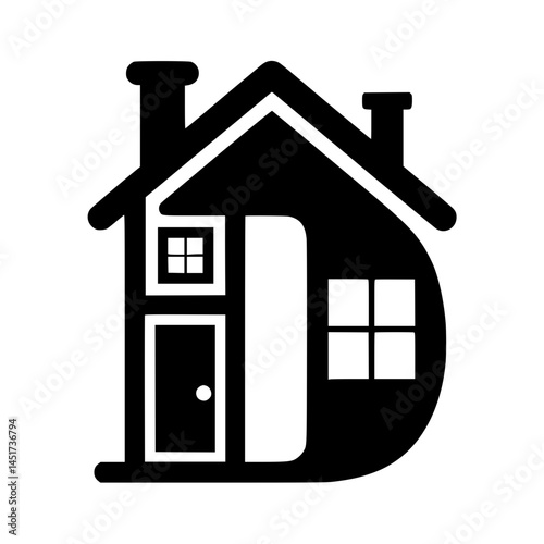 Letter D Shaped House Real Estate Logo, Creative black and white vector logo combining the shape of a house with the letter D, ideal for real estate or home design branding.

