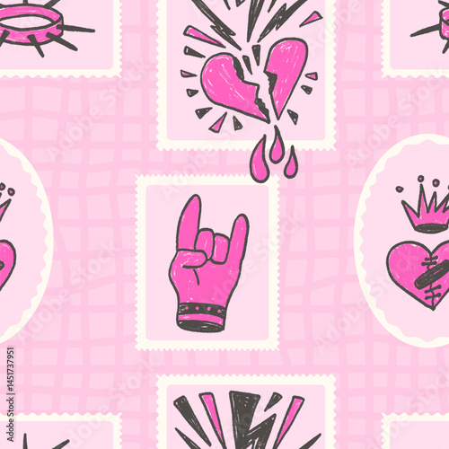 Horns, broken heart postage stamp seamless pattern. Punk rock crown on frame marker endless background. Crayon continuous ornament. Surface pattern design girly motif. Vector hand drawn illustration.