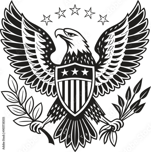 A heraldic vector illustration shows a black eagle with spread wings as a tribal tattoo design on a shield, a symbol of power and vintage art
