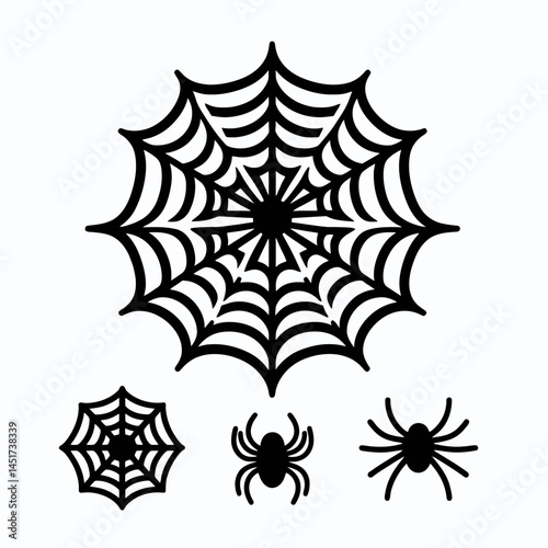  very simple flat and single minimalist Spiderweb Silhouettes in black on a white background 