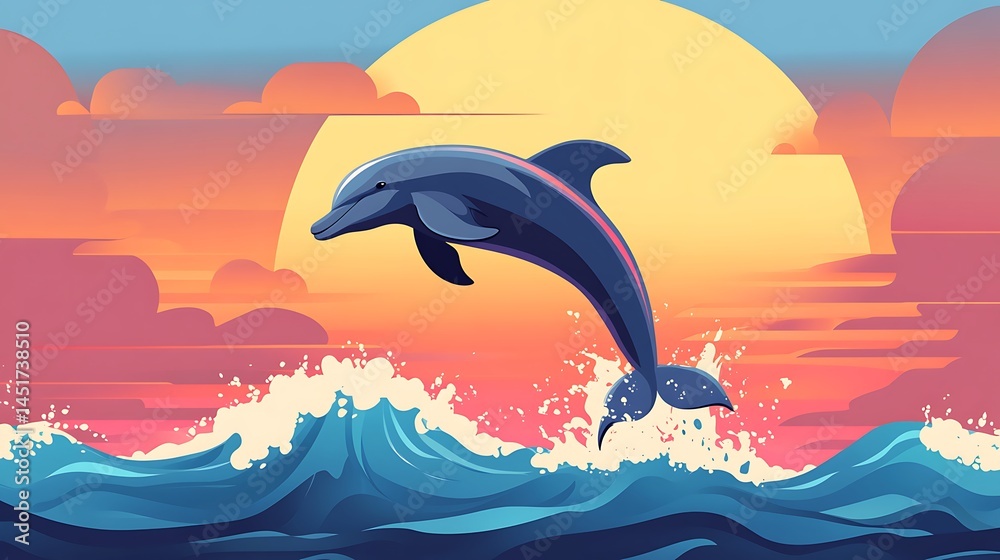 Obraz premium Dolphin leaping sunset ocean waves. (2)