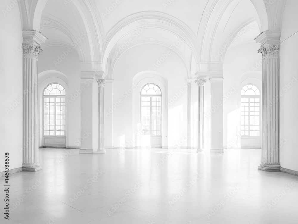 Obraz premium Grand, sun-drenched white hall with arched ceilings, columns, and large windows. Spacious, minimalist interior