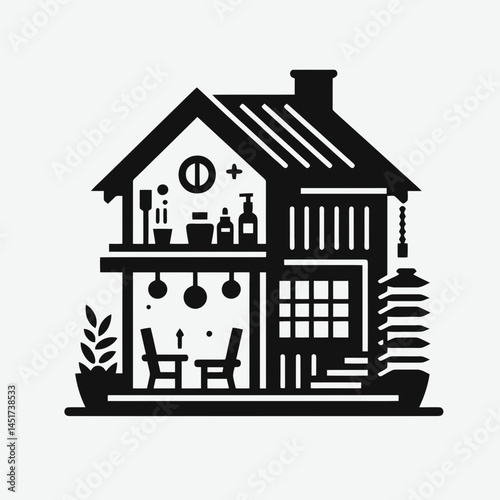  very simple flat and single minimalist Spa House Silhouettes in black on a white background