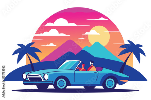 Couple drives a blue convertible toward colorful sunset mountains surrounded by palm trees, isolated