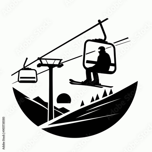 very simple flat and single minimalist Man on Ski Lift Silhouettes in black on a white background