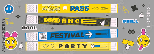 Groovy stickers shapes and hand bracelet tickets set. Music rock festival, party, concert wristbands, patches in retro rave style. Paper y2k show stamps, pixel art labels. Vector promo tag badges.