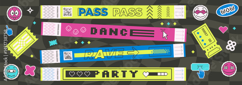 Retro pixel y2k stickers shapes and hand bracelet tickets set. Music festival, party, concert wristbands and smiling faces patches in retro style. Paper show stamps pixel labels. Vector promo badges.
