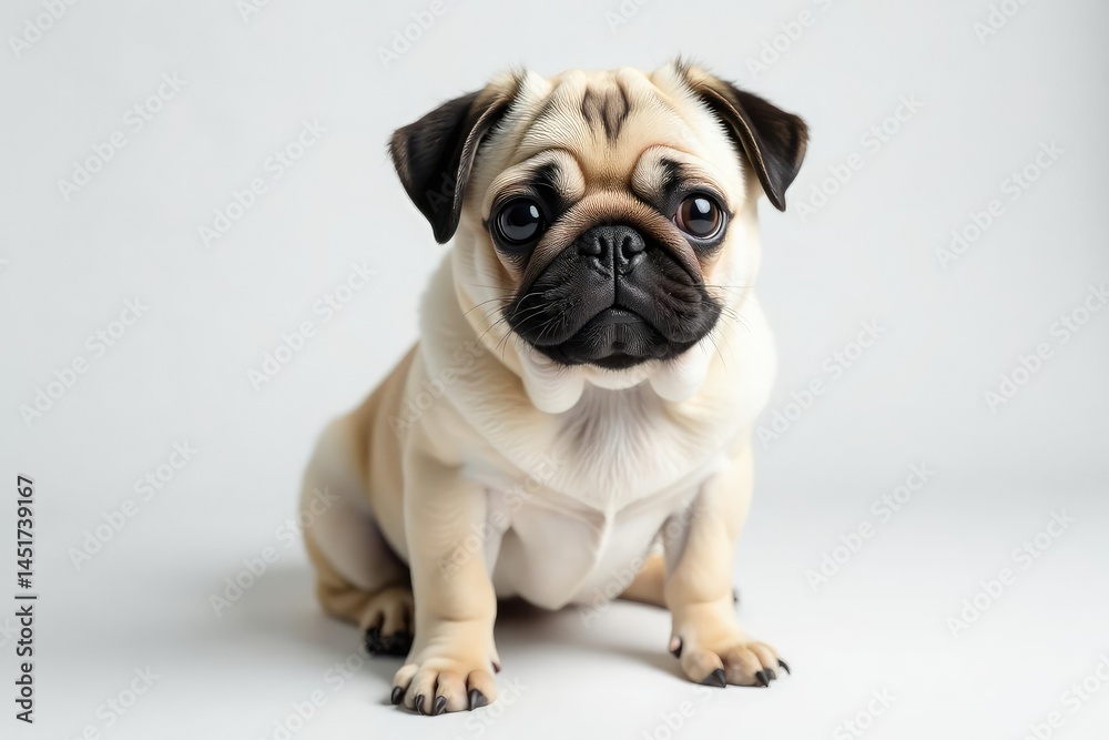 Obraz premium Solo pug against pure white backdrop; charming pose , pug, sitting, image