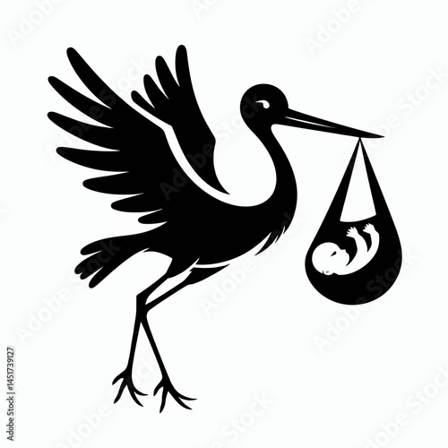  very simple flat and single minimalist Stork Brings Baby Silhouettes in black on a white background 