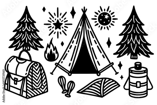 Black and White Camping Illustration with Tent Backpack and Trees