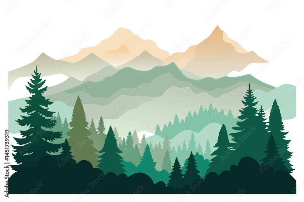 Fototapeta premium Evergreen trees create a vibrant forest landscape against layered mountains in this nature view