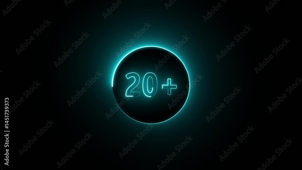 neon text 20+ number countdown icon animation .cyan color neon 20+ symbol on black background. neon text 20+ number countdown icon animation .cyan color neon 20+ symbol on black background.