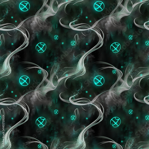 Dark Abstract Smoky Pattern with Blue Symbols - Futuristic teal crosses on dark smoky background seamless pattern for tech websites, gaming interfaces, sci-fi designs, blockchain visualizations