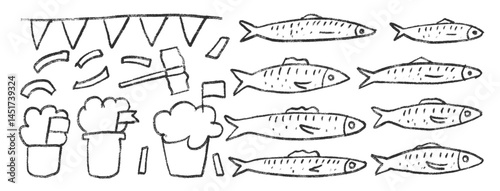 Santos populares festival elements. Manjerico, hammer and garland with sardines hand drawn set. School of fish in the sea. Fishes line doodle set. Vector illustration on white background.