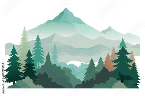 Evergreen trees stand before the layered mountains in a serene, misty landscape environment