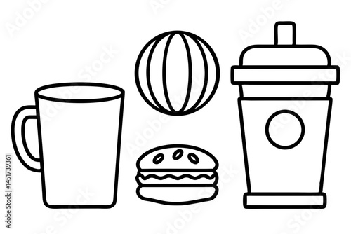 Simple Line Art Illustration of a Coffee Cup Macaron Beach Ball and To Go Drink