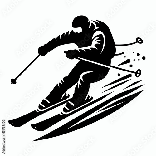  very simple flat and single minimalist Skiing Downhill Silhouettes in black on a white background  photo