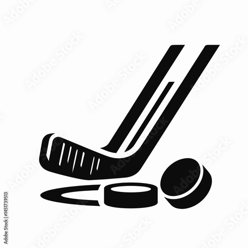 very simple flat and single minimalist Hockey Stick and Puck Silhouettes in black on a white background