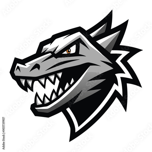 Fierce gray dragon head shows its teeth and only one yellow eye shines