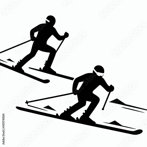  very simple flat and single minimalist Athlete Skiing Downhill Silhouettes in black on a white background