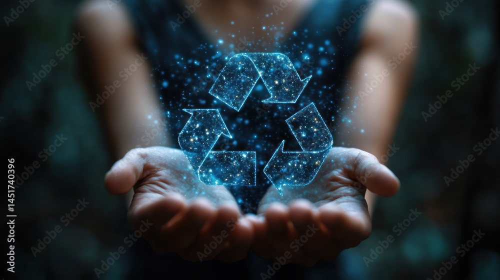 custom made wallpaper toronto digitalHands holding digital recycle symbol in a dark forest environment.