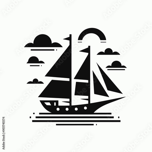  very simple flat and single minimalist Sail Ship Silhouettes in black on a white background 