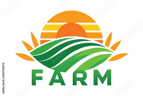 Green farm landscape under bright sun an agricultural logo for organic produce