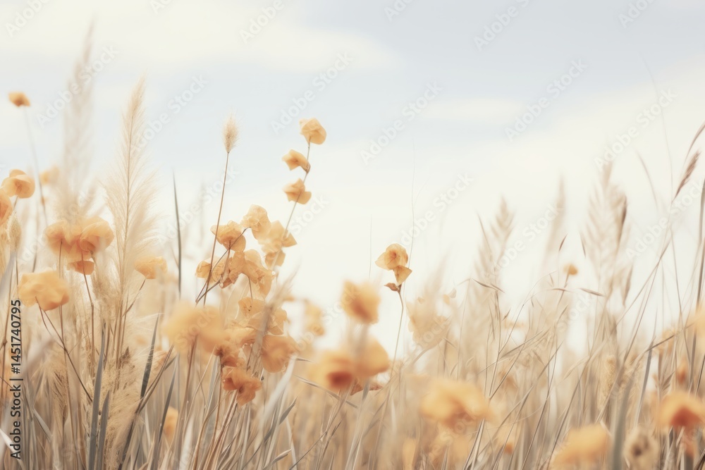 Obraz premium Serene meadow landscape with yellow flowers gently swaying against a soft sky, capturing the delicate essence of nature in perfect harmony.