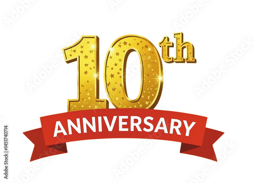 Golden 10th Anniversary Banner, Red Ribbon with Transparent Background
