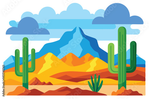 Green saguaro cactus stands against the vibrant landscape of desert hills and blue mountain