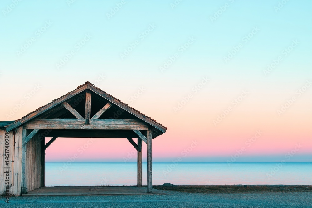 Fototapeta premium Rustic beach shelter under a pastel sky.