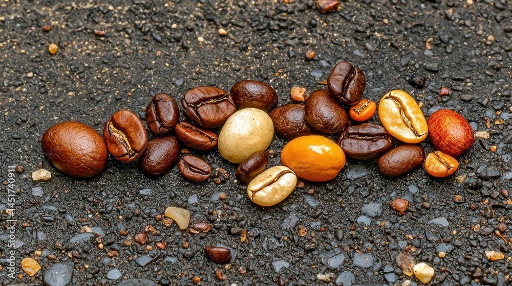 Fresh roasted coffee beans lying on ground, rich detail and earthy textures