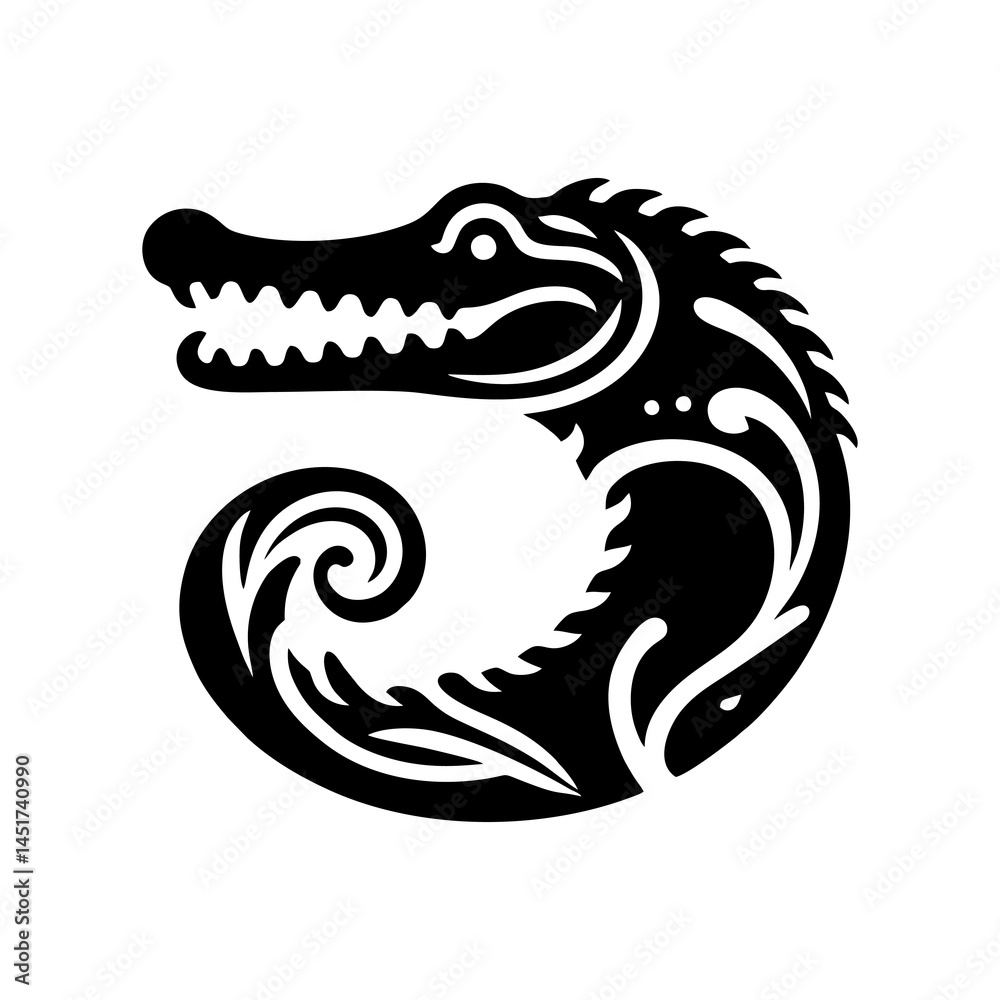 Naklejka premium Vector Alligator Silhouette Illustration Of Dangerous Reptile Wildlife Predator Crocodile Swamp Monster Dark Black Art Animal Design Sharp Teeth Toothy Badge Graphic Emblem Carnivore Drawing